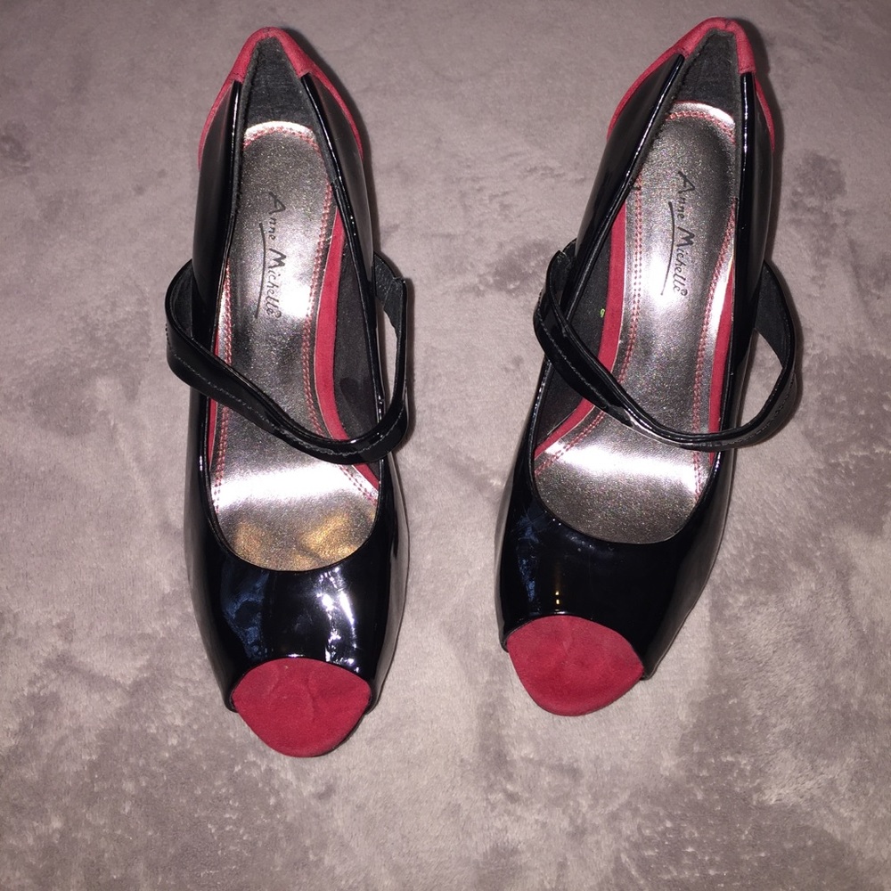 Black patent leather with red suede peep toe heels