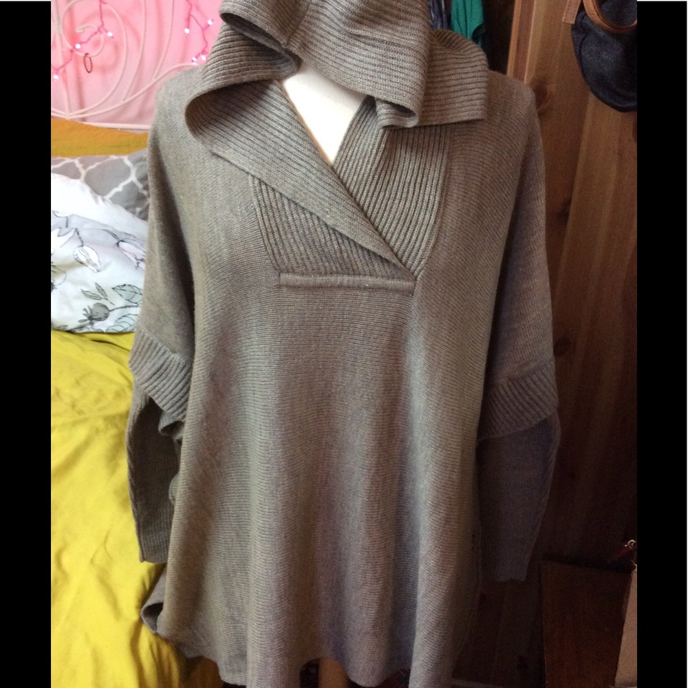 Great hooded poncho style sweater. Greenish, gray