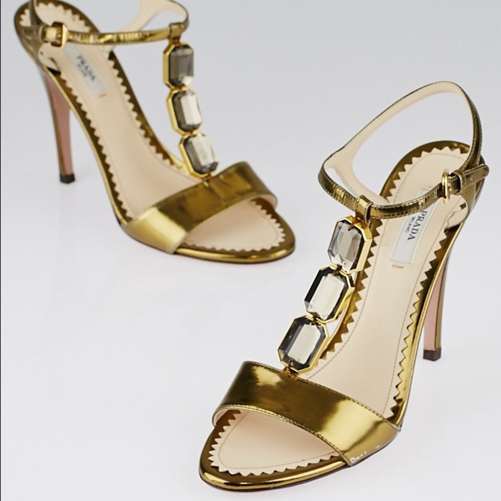 Bronze Prada 2" jeweled t-strap sandals