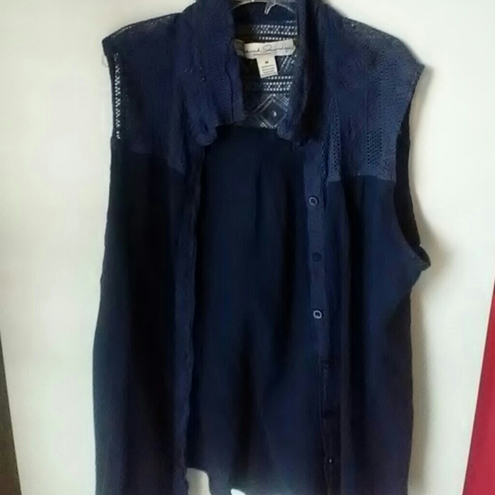 Blue sleeveless button up shirt