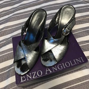 Enzo Angiolini Silver Black Leather Wedge 10M