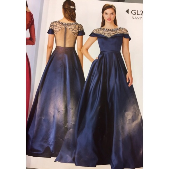 Navy blue ball gown prom dress, detailed from top - Picture 1 of 6