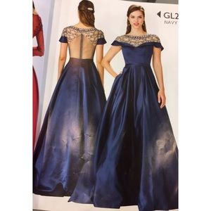 Navy blue ball gown prom dress, detailed from top