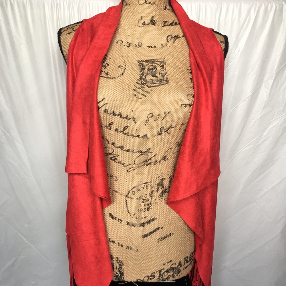 Red suede vest with fringe detail
