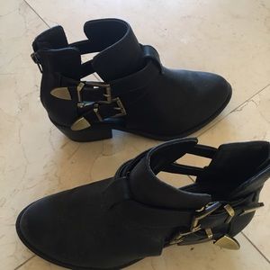 Black Faux Leather cut out buckle heeled boots