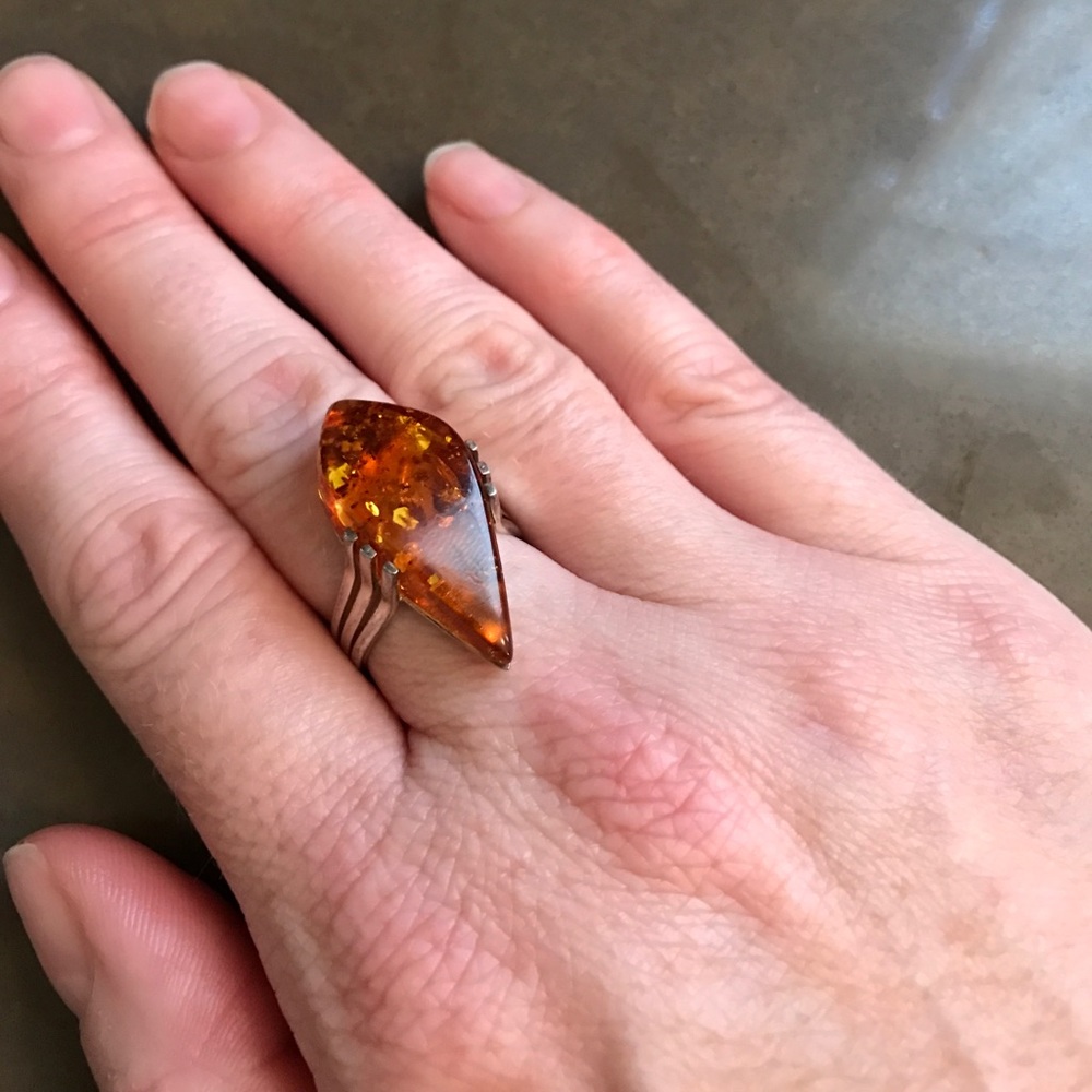 Sterling Silver and amber ring. Size 8.