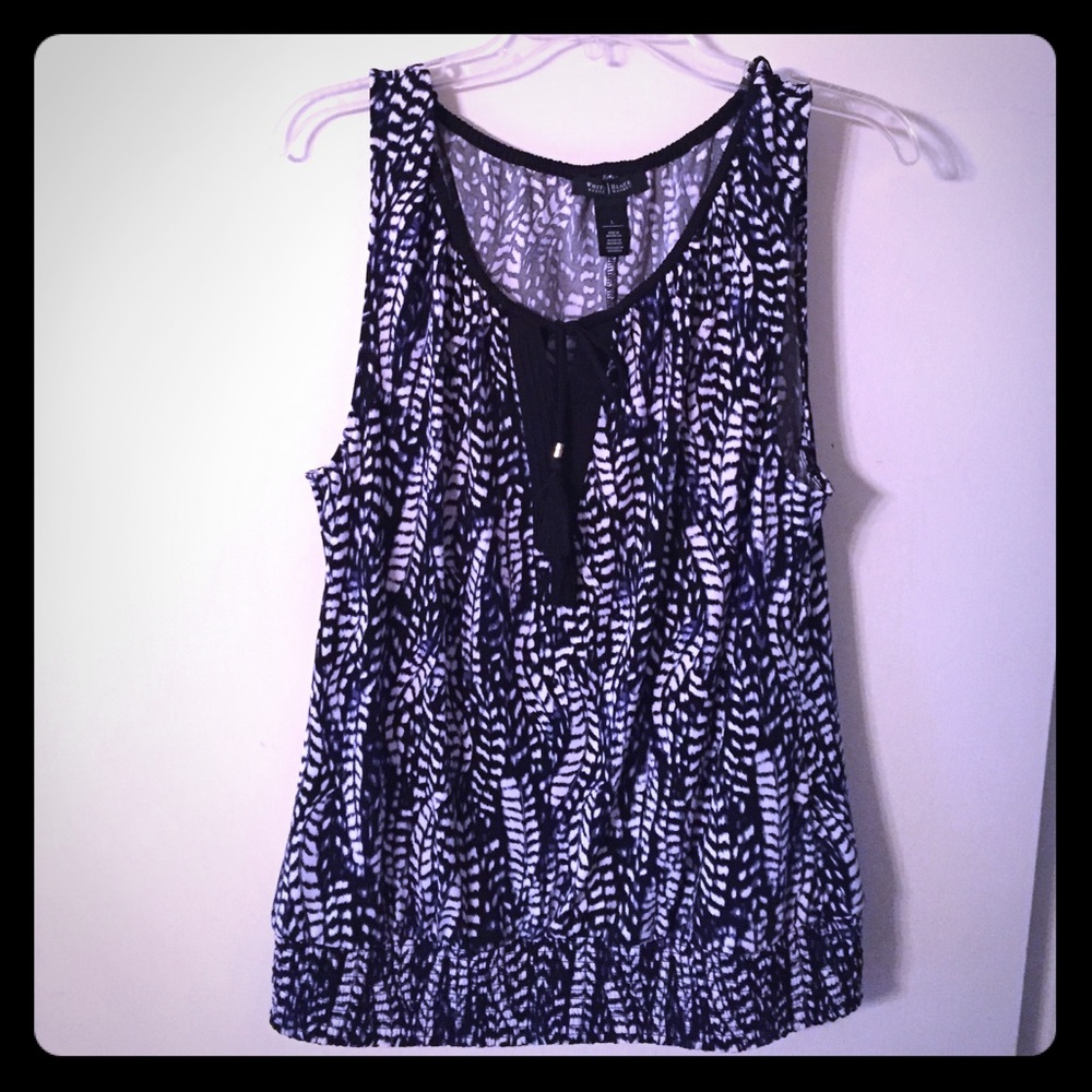 Black navy and white tank top gathered at bottom