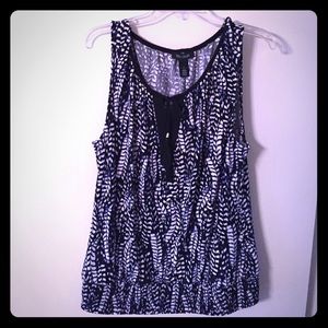 Black navy and white tank top gathered at bottom