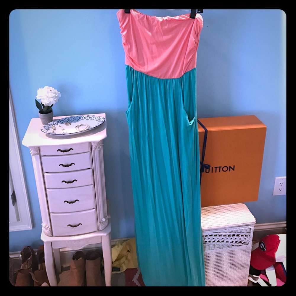 Pink and turquoise strapless maxi