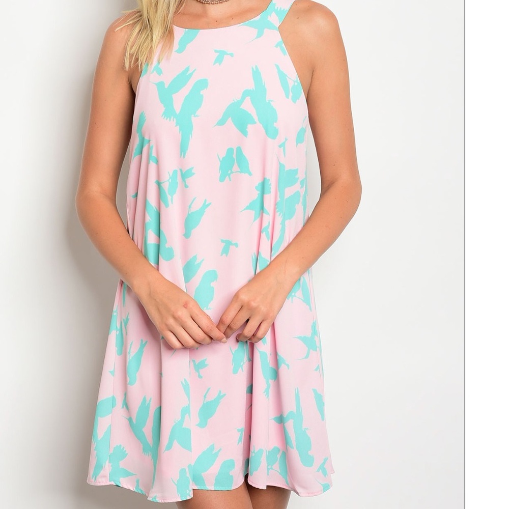 LAST Pink & Aqua Print Swing Dress Keyhole Back - Picture 2 of 3