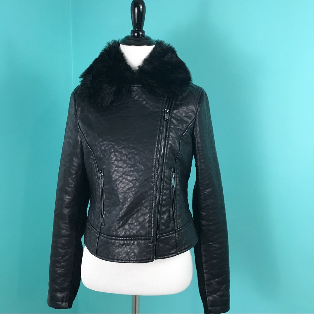 Free People Black Faux Leather Fur Jacket Small