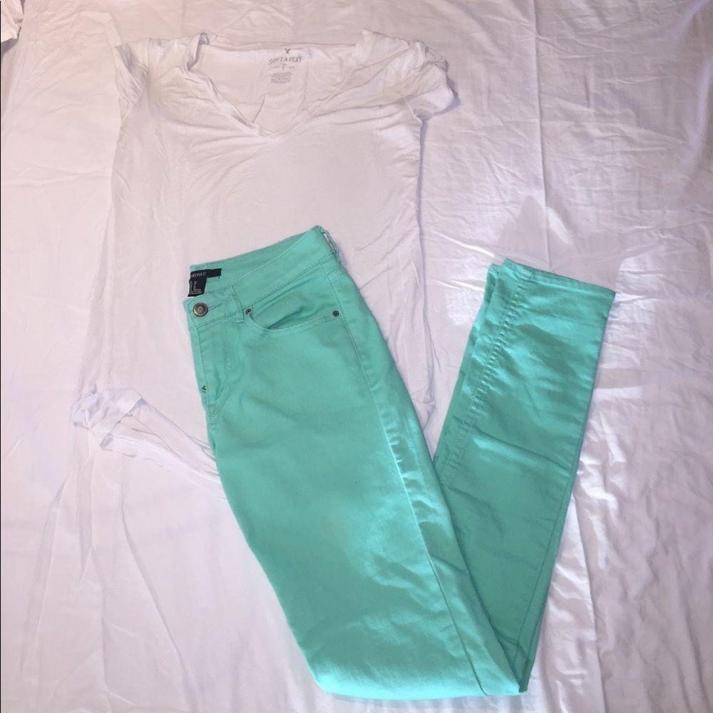 Sea foam green skinny jeans