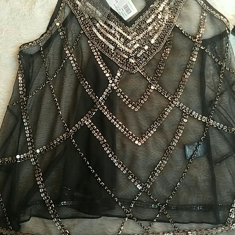 Sheer Beaded Vnck Tank Top - Picture 2 of 6