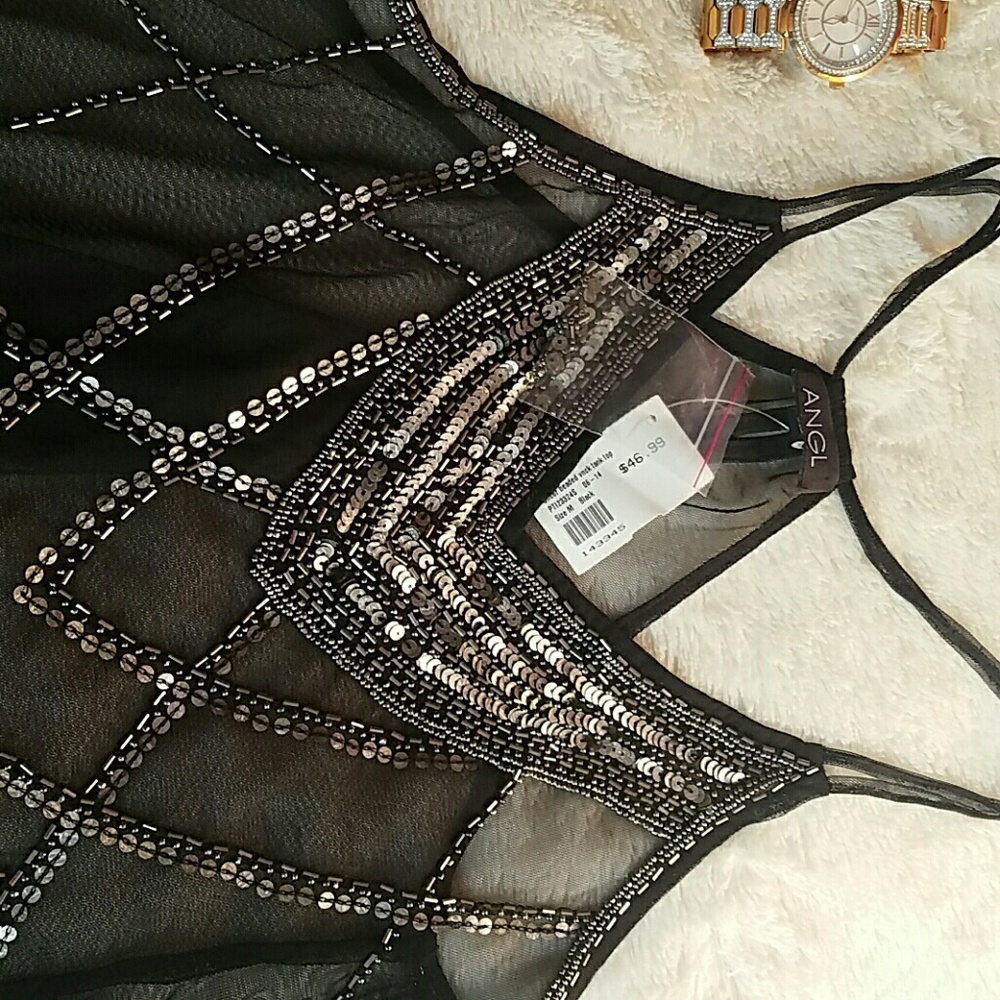 Sheer Beaded Vnck Tank Top - Picture 3 of 6