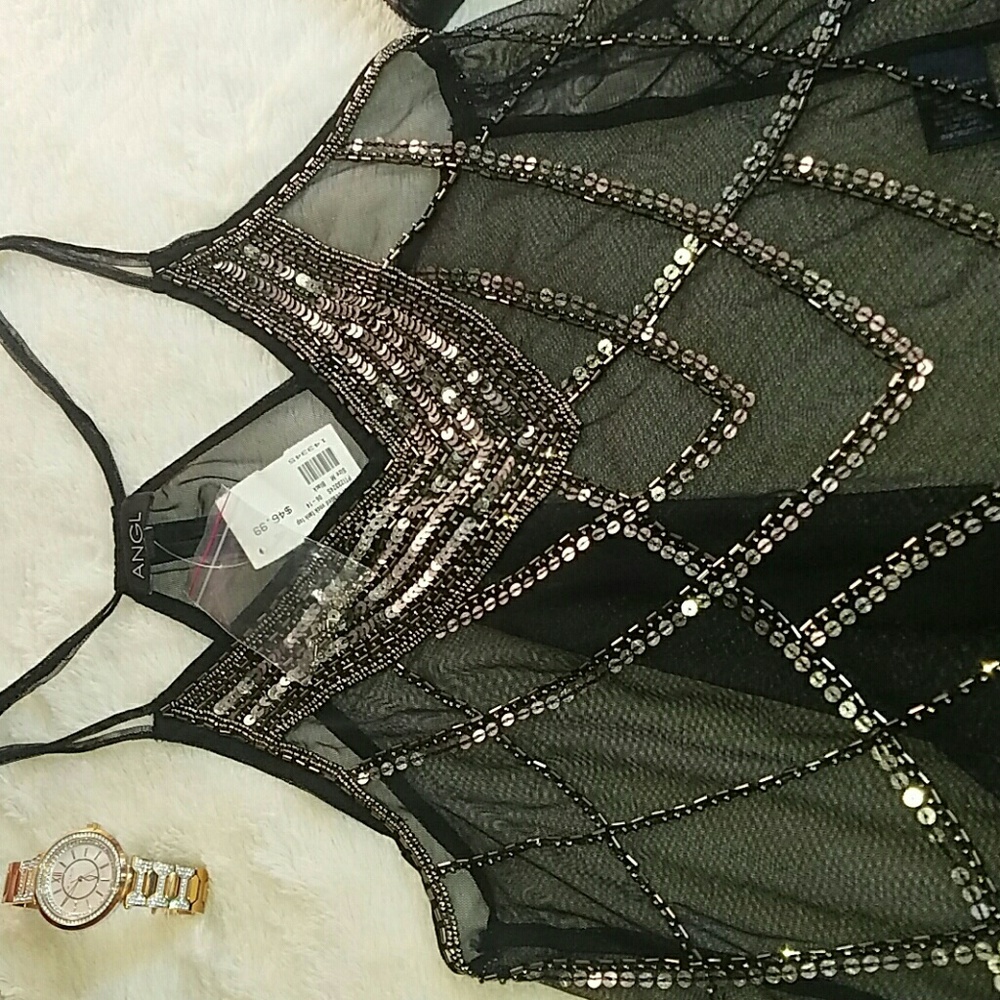 Sheer Beaded Vnck Tank Top - Picture 5 of 6