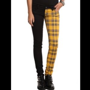 Split skinny jeans yellow plaid and black