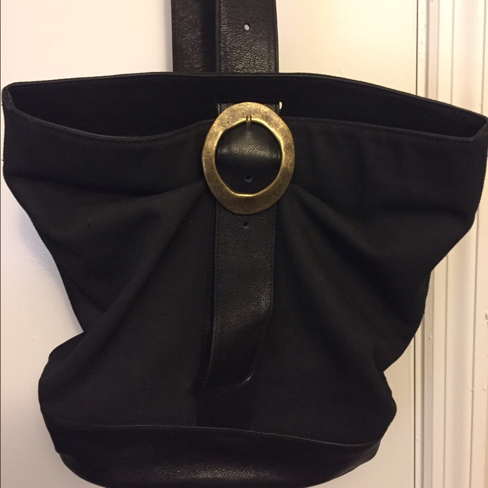 Black leather and canvas sling bucket bag