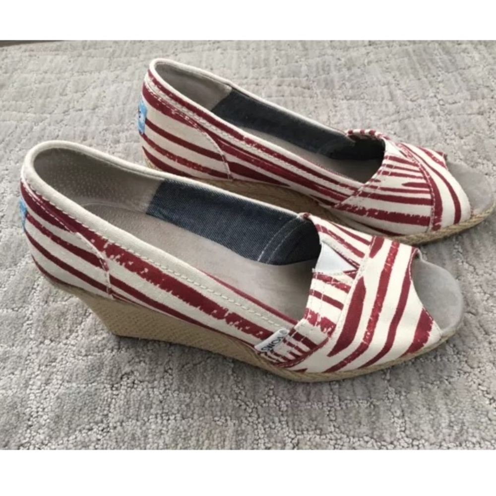 TOMS Red Stripe Canvas Peep Toe Wedges