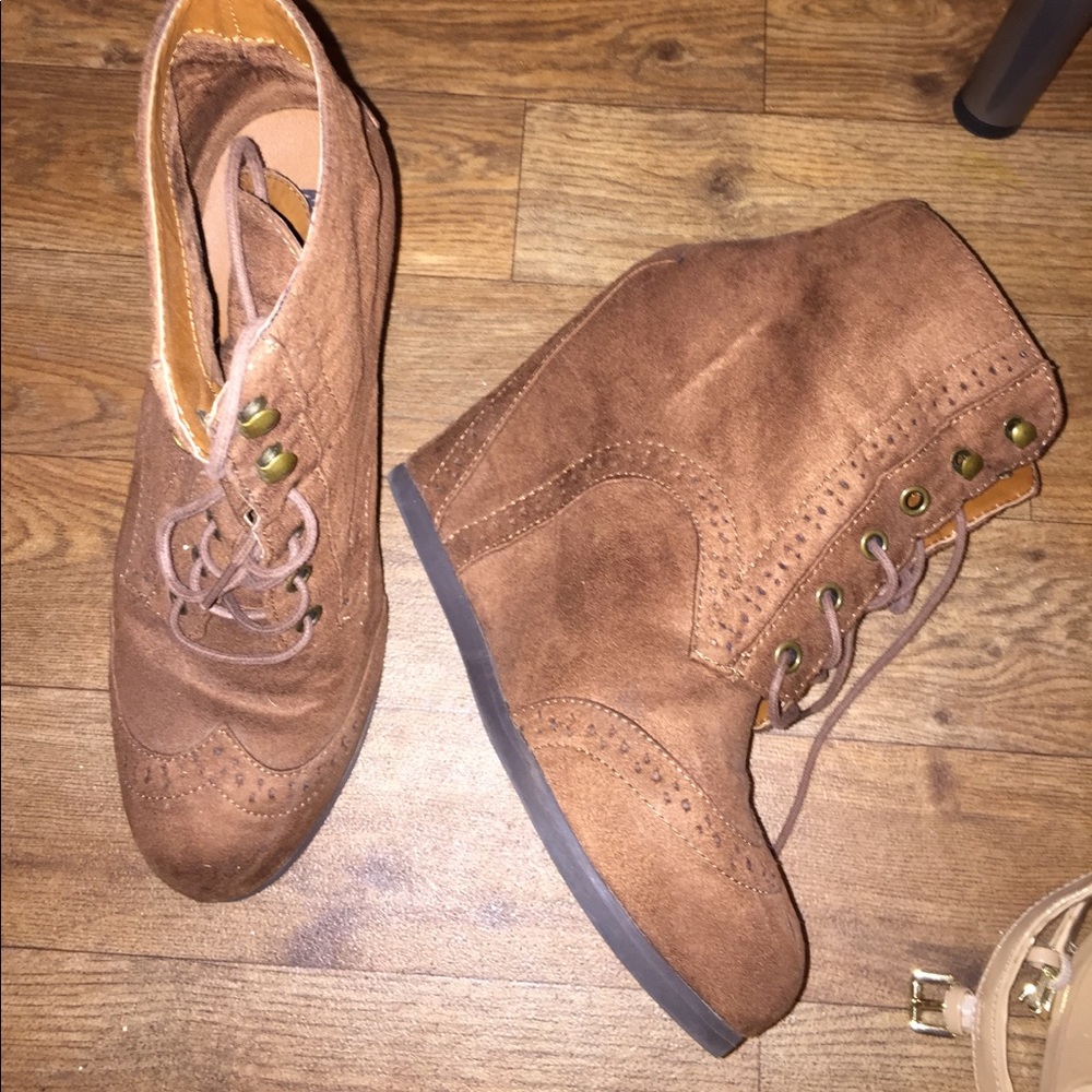 Brown wedge booties