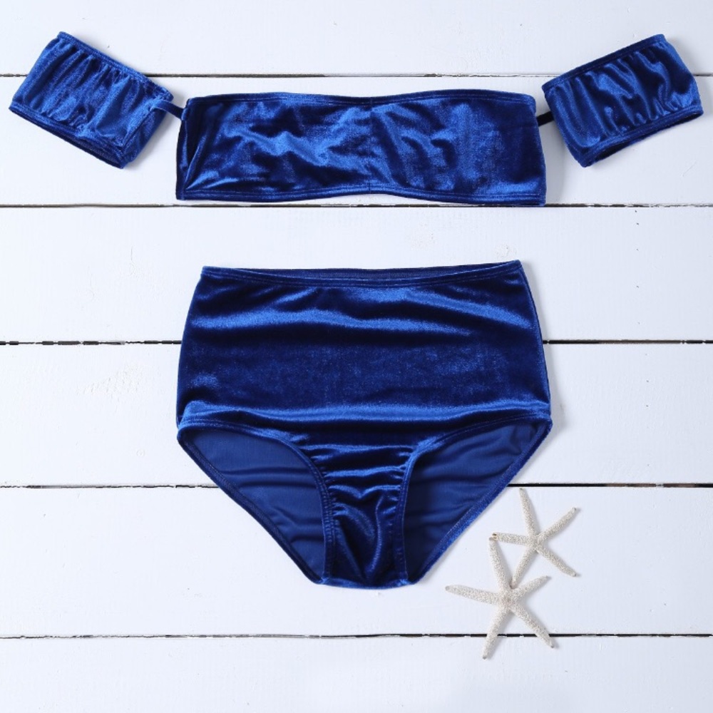 👙LAST ONE! Blue Velvet Off Shoulder High Waist Bikini