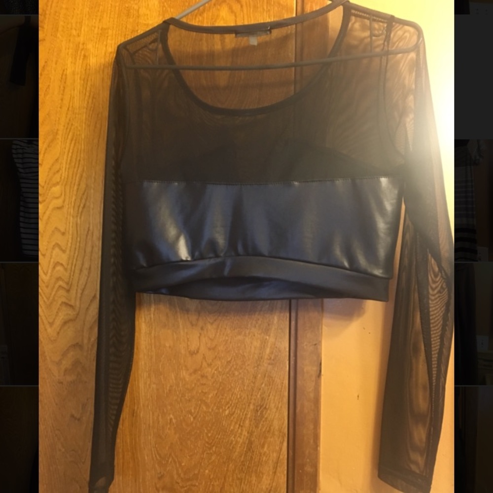 Black mesh and leather crop top
