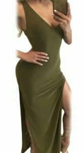 Army green double slits string open back maxi dres