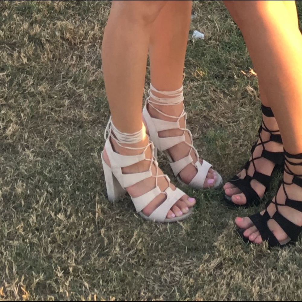 Strappy lace up nude heels