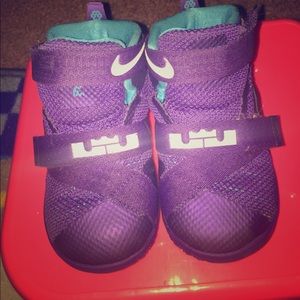 Purple and blue LeBron James basketball sneakers
