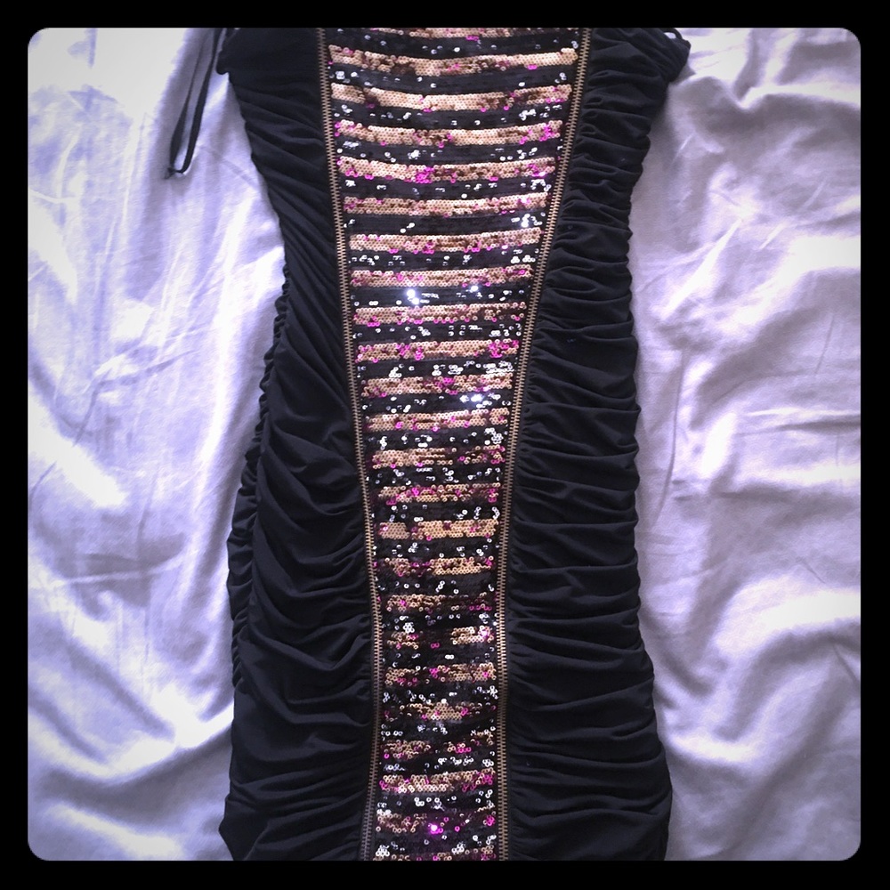 Bebe Bodycon Sequenced Ruched black Dress XXS