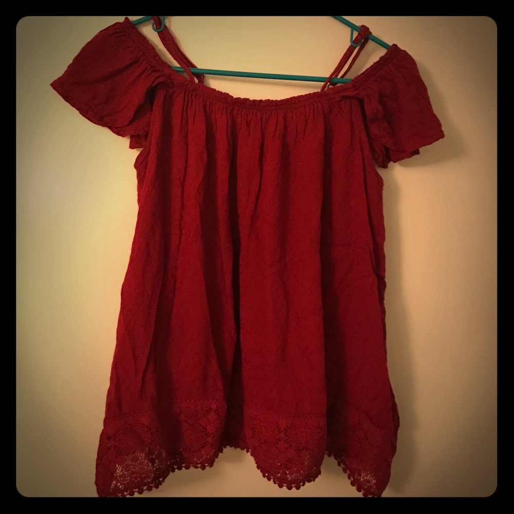Off the shoulders cherry-colored blouse