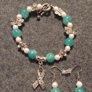 Ovarian Cancer Beaded Charm Bracelet with Earrings