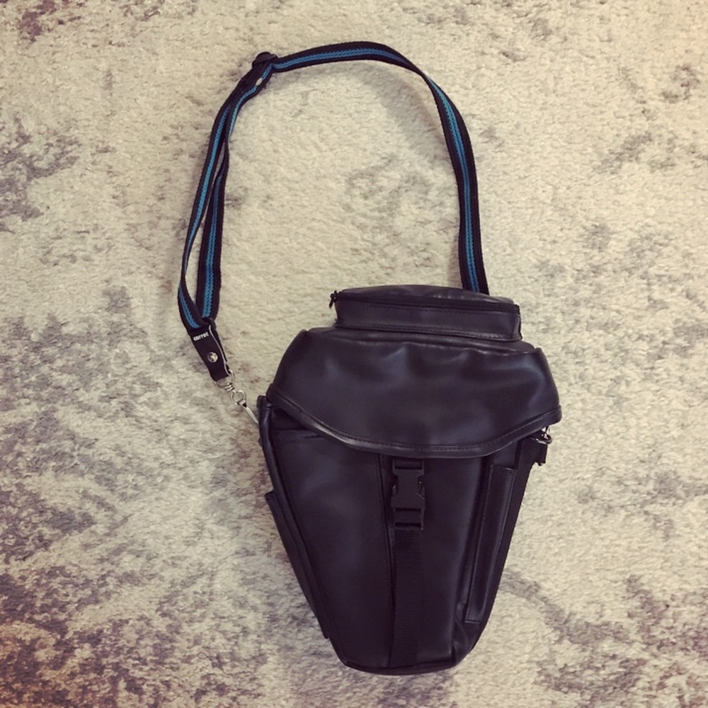 Black faux leather insulated camera bag/fanny pack