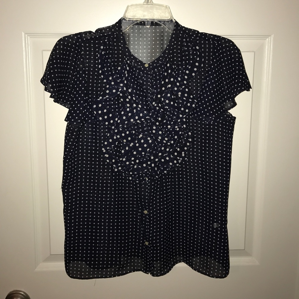 Ruffle Collar Navy and White Polka Dot Top