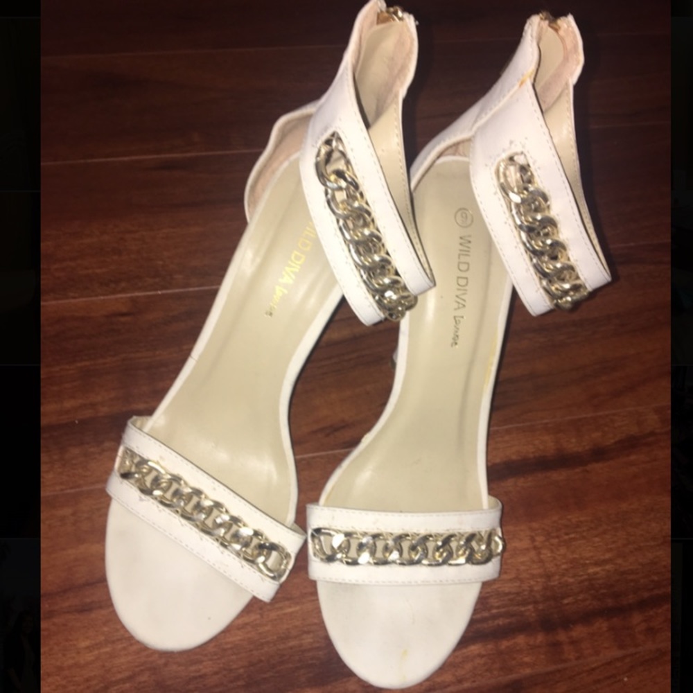 White with gold chain heels