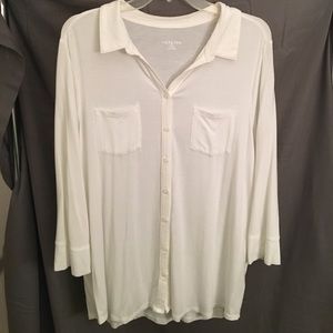 Stretchy white collared button down shirt