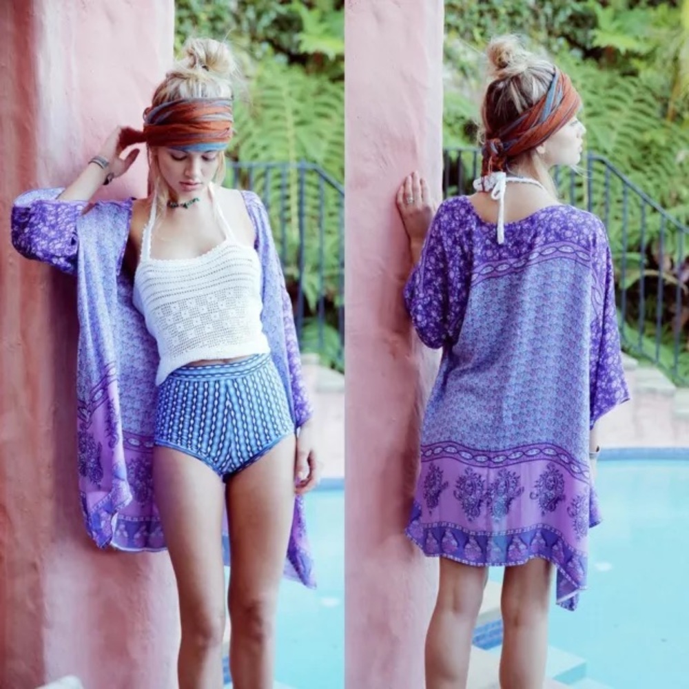 Border Print KIMONO Purple Blue Pink Coverup NEW - Picture 2 of 4