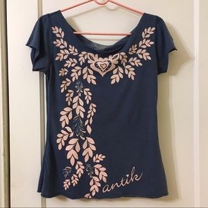 Blue Top with Printed and Embroidered Leaves
