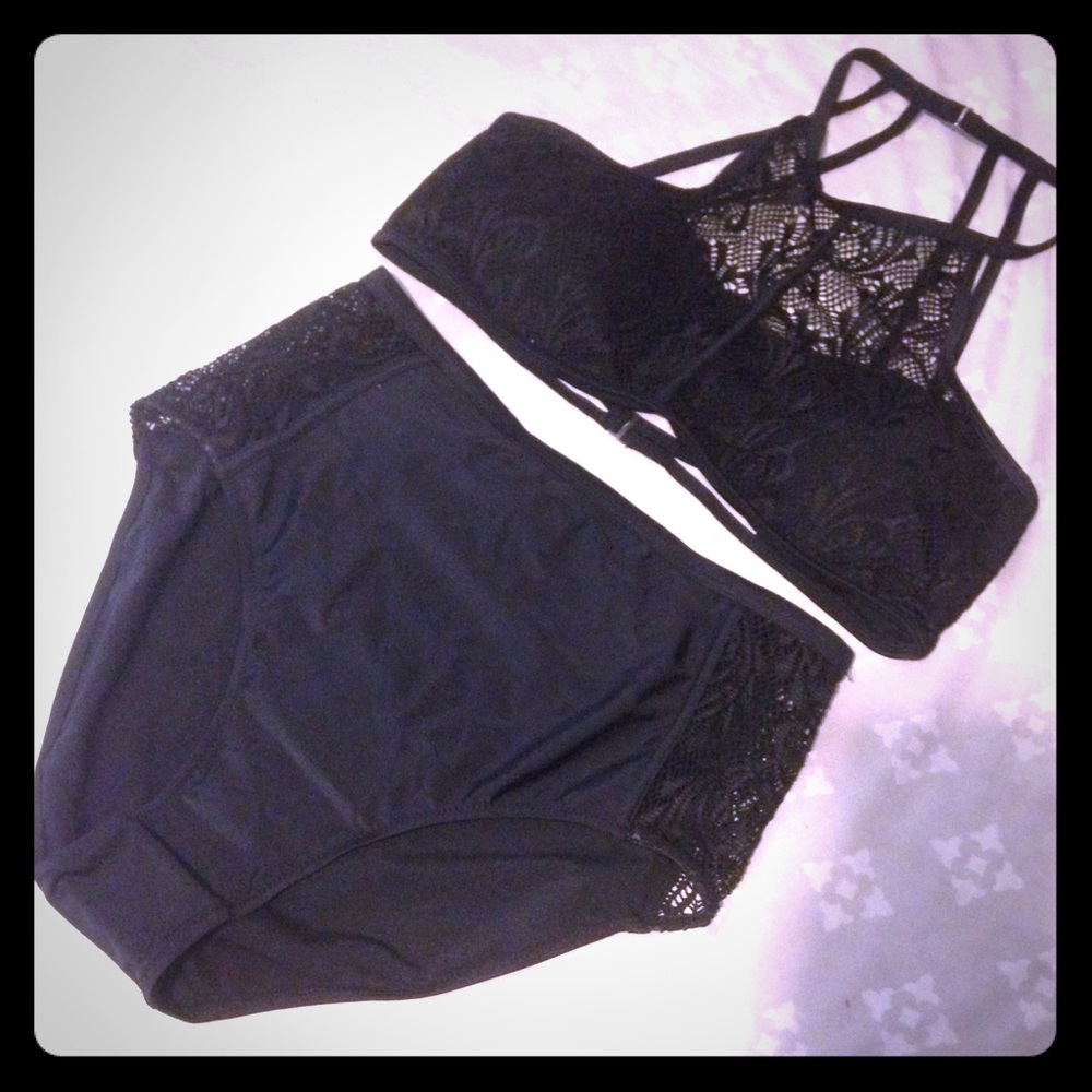 Lace top high waisted black bikini