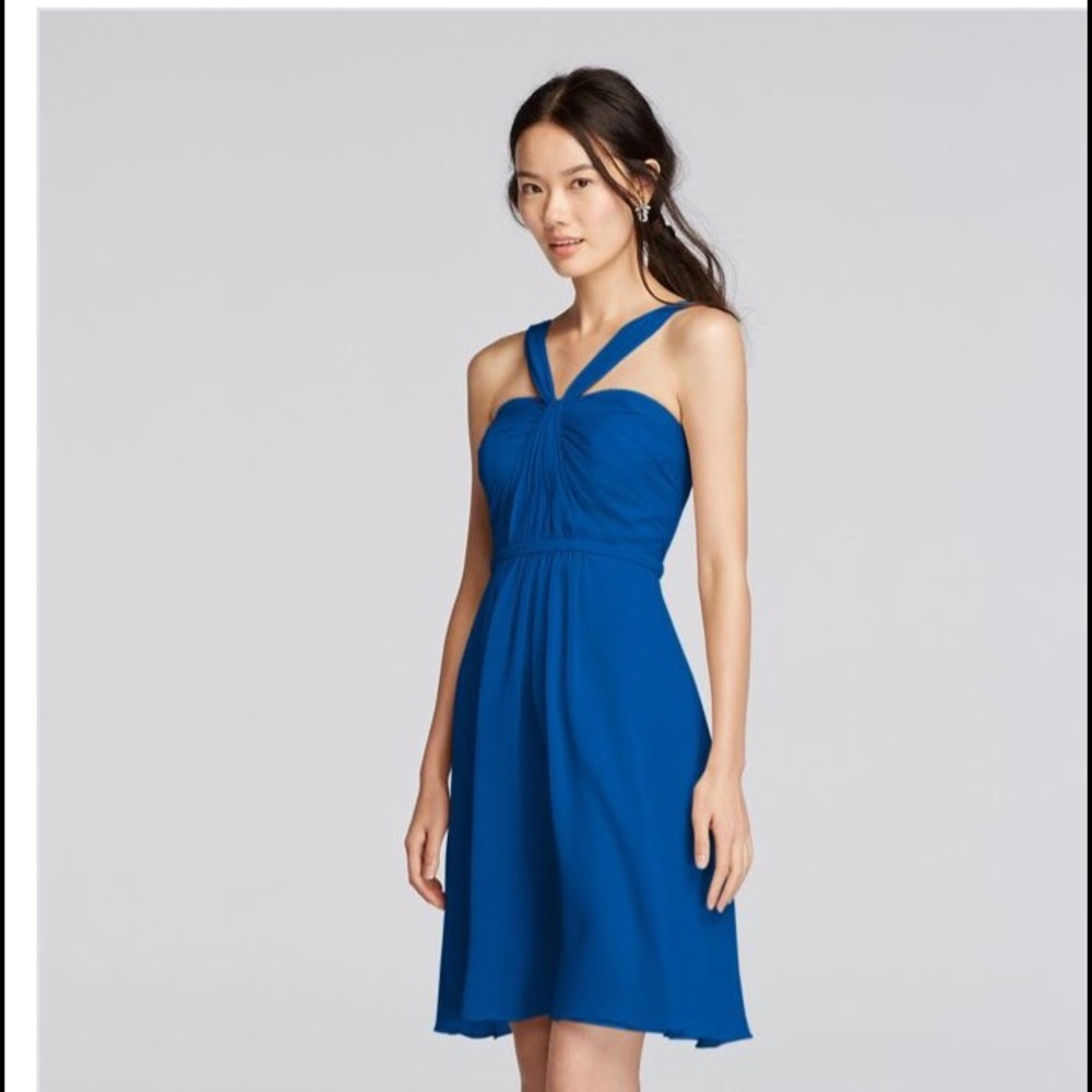Y-Neck Ruched Bodice Crinkle Chiffon Blue Dress