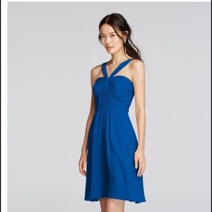 Y-Neck Ruched Bodice Crinkle Chiffon Blue Dress