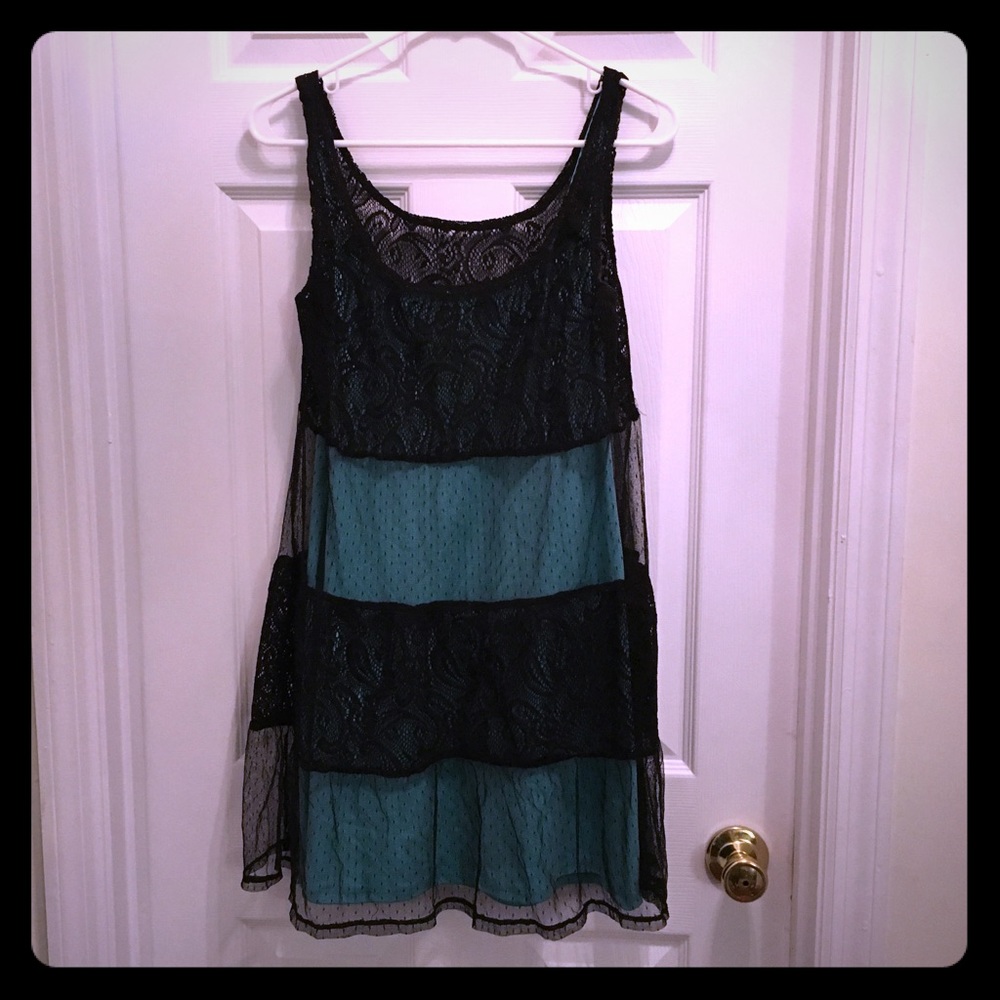 Paper Doll Black Lace with Aqua Slip Dress XL