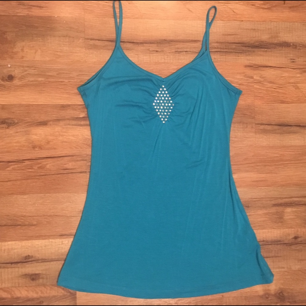 Spaghetti strap tank with rhinestones.