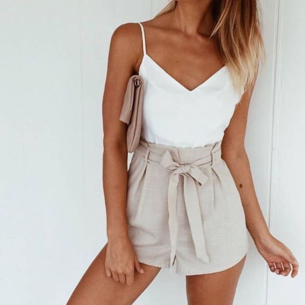 NWT khaki and front bow tie silk romper