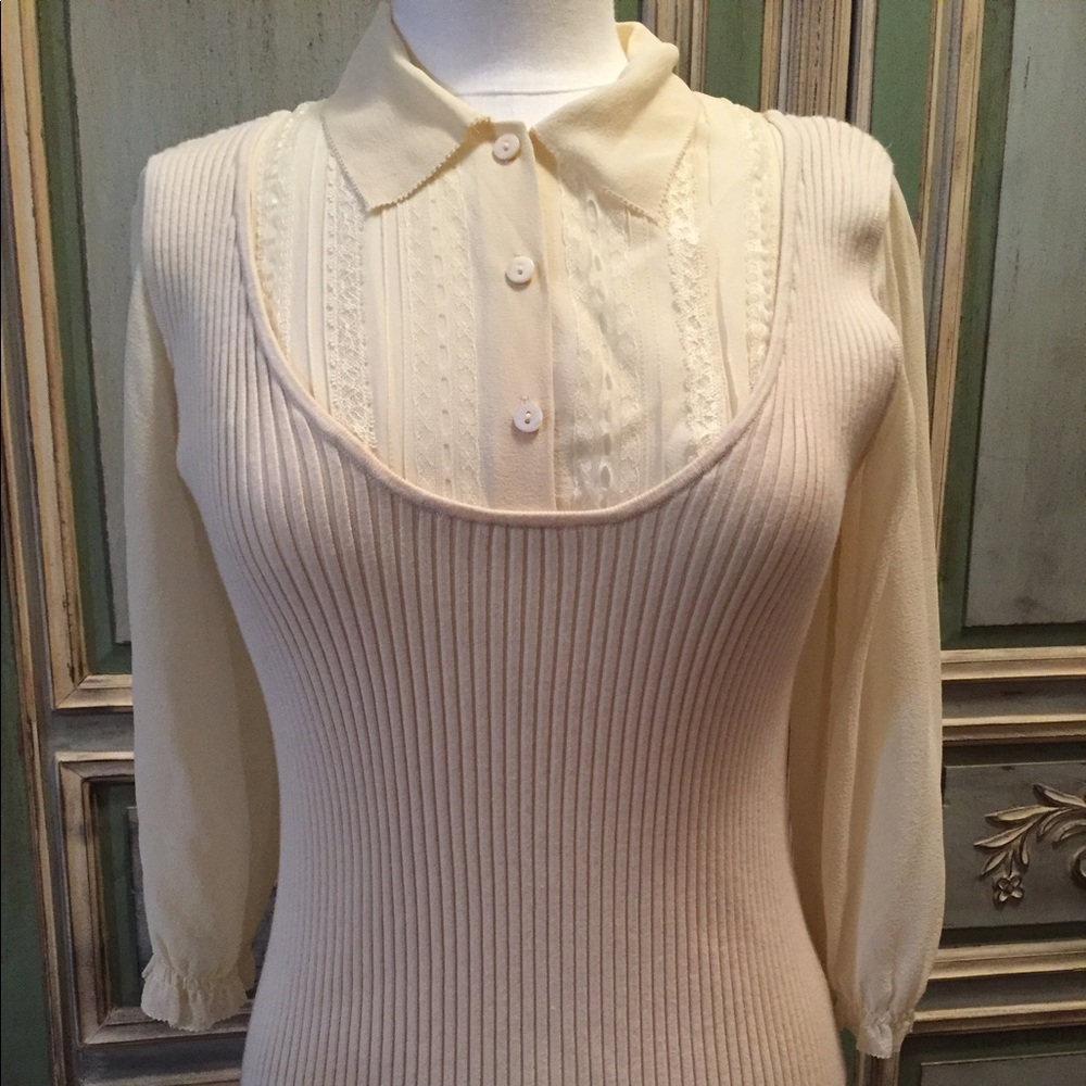Sara L Ribbed Sweater with Sheer Mock Shirt Large