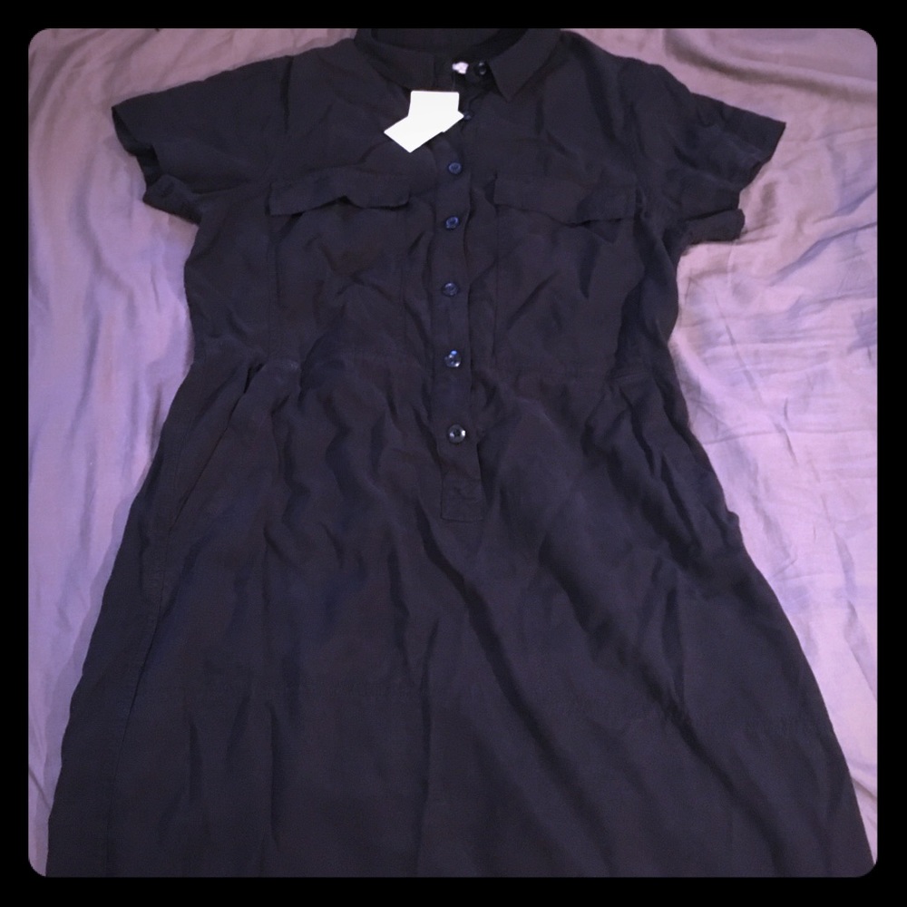 Black short sleeved button front dress with collar