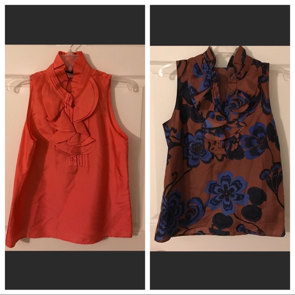 TWO J. Crew  Silk Blouses (Coral & Brown/Blue)