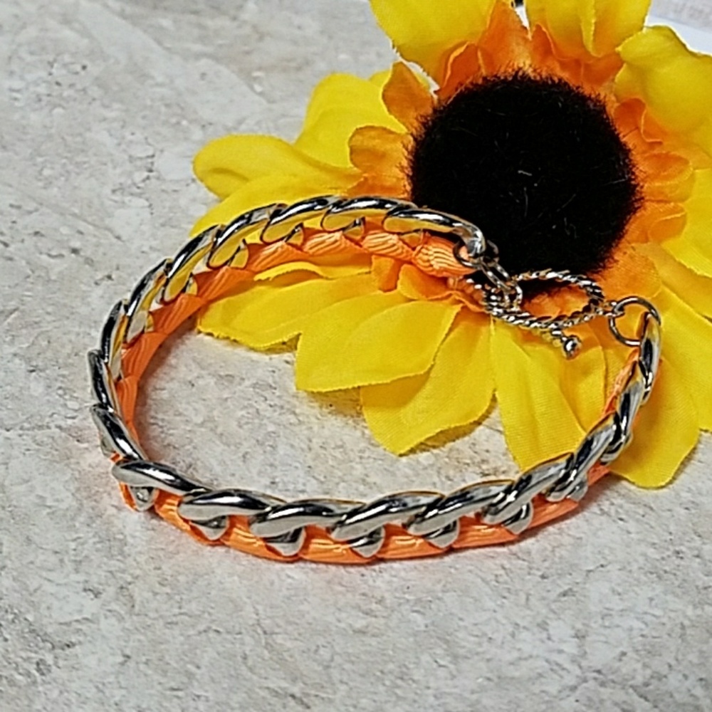 B507 Florescent Ribbon Wrapped Silver Bracelet