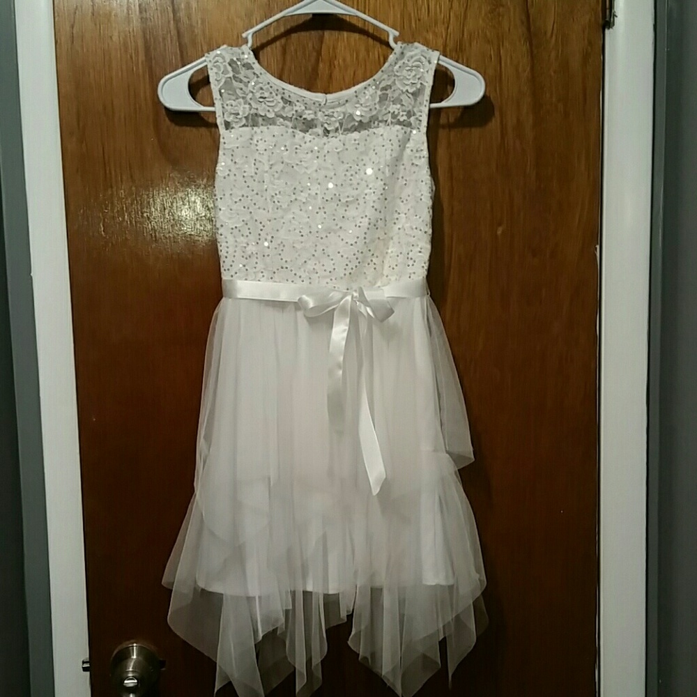 Girls White Lace Sequin Illusion Dress Sz 10