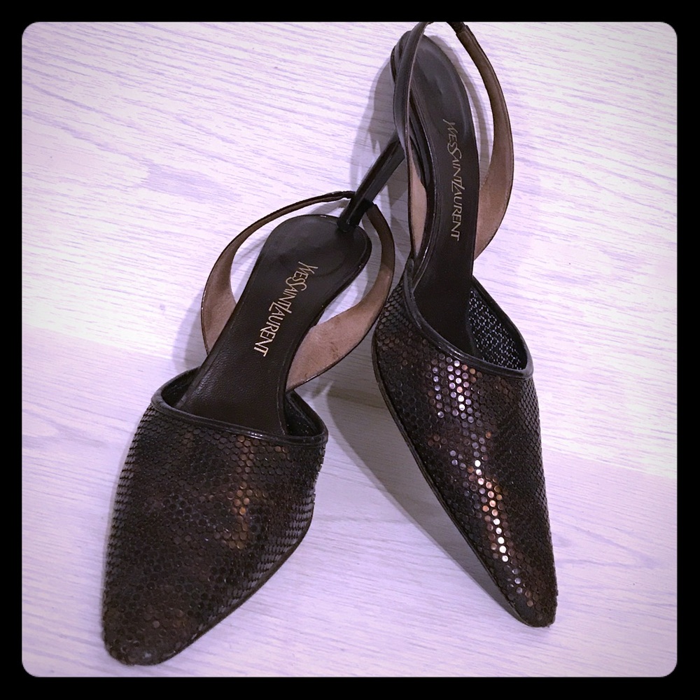 YSL Yves Saint Lauren Leopard Metal Mesh Heels