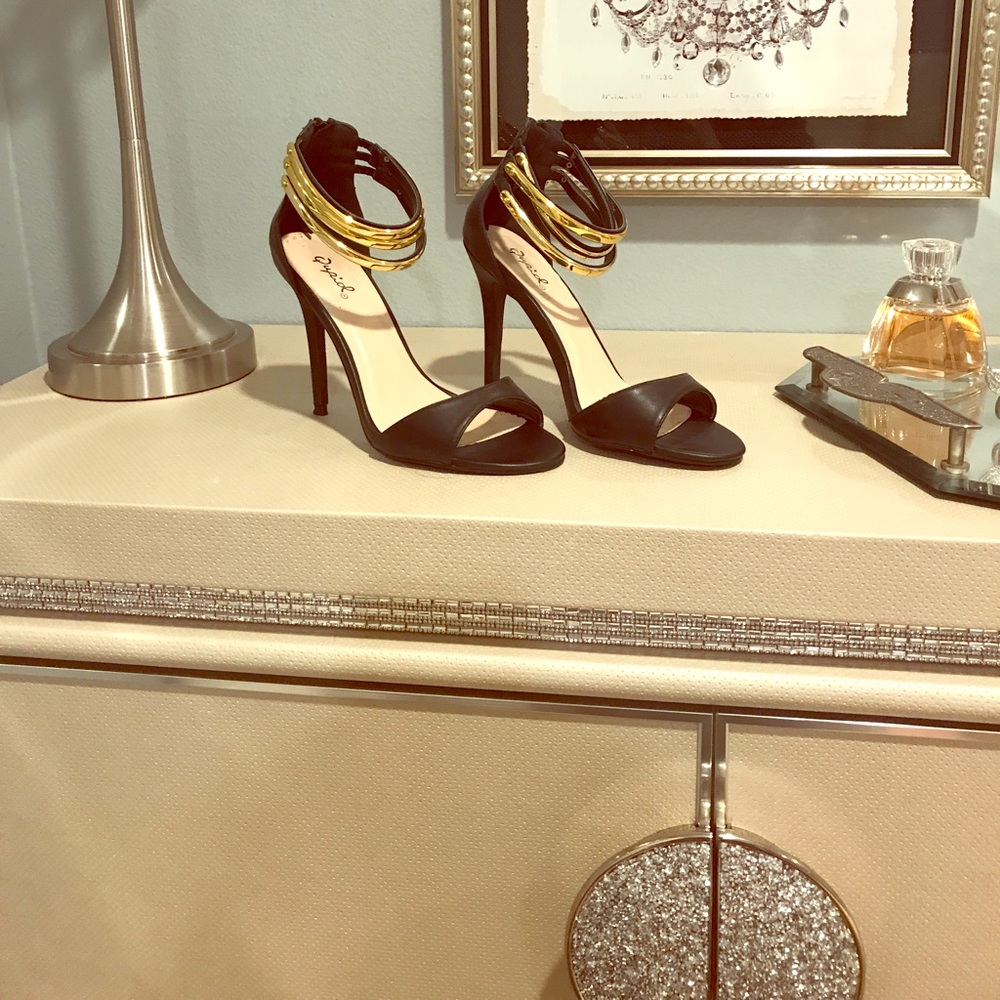 Black open toe gold ankle